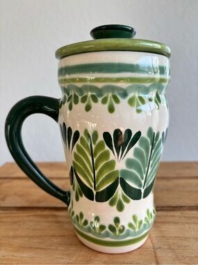 Authentic Mexican Talavera Folk Art Mug with Lid – Hand-Painted Green Floral GTO